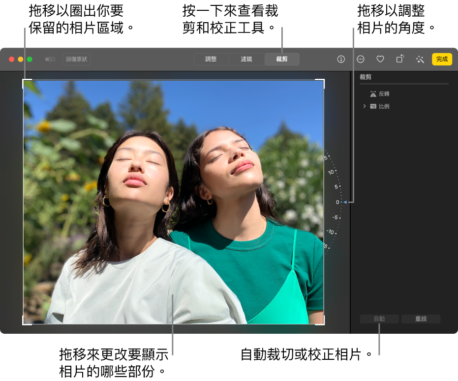 編輯畫面中的相片，工具列中已選取「裁切」，相片周圍顯示選取矩形，相片右側顯示移軸輪，而右下方則顯示「自動」按鈕。