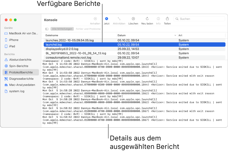 Das Fenster „Konsole“ mit den Kategorien der Berichte in der Seitenleiste, den Berichten oben und in der Spalte rechts daneben und den Details der Berichte darunter.