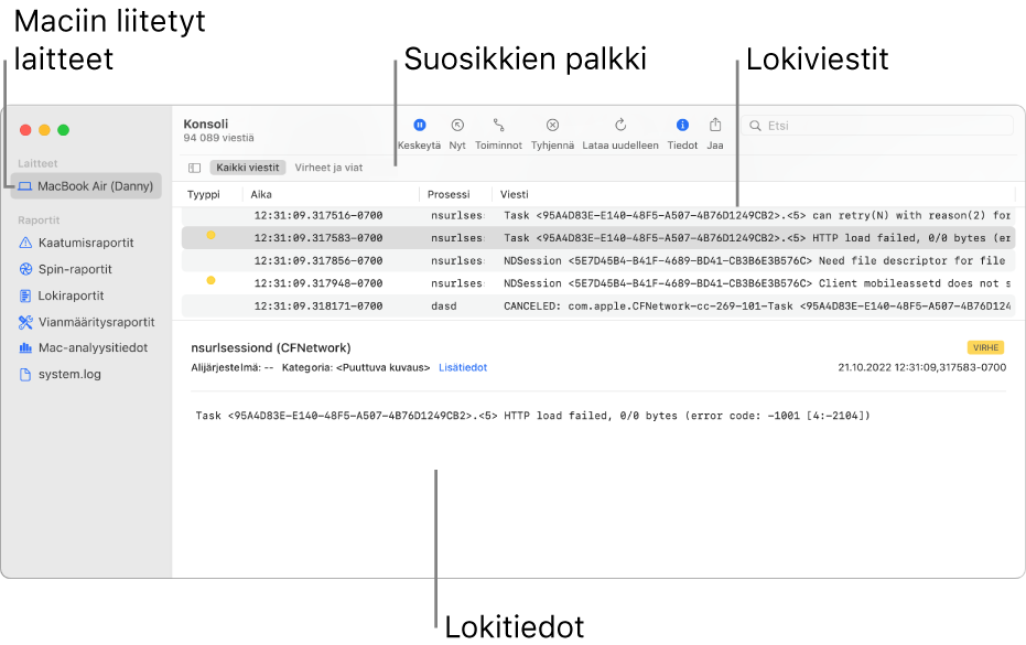 Konsoli-ikkuna, jossa on vasemmalla Maciin liitetyt laitteet, oikealla lokiviestit ja alhaalla lokitiedot. Ikkunassa on myös Suosikit-palkki, jossa näkyy tallennetut haut.