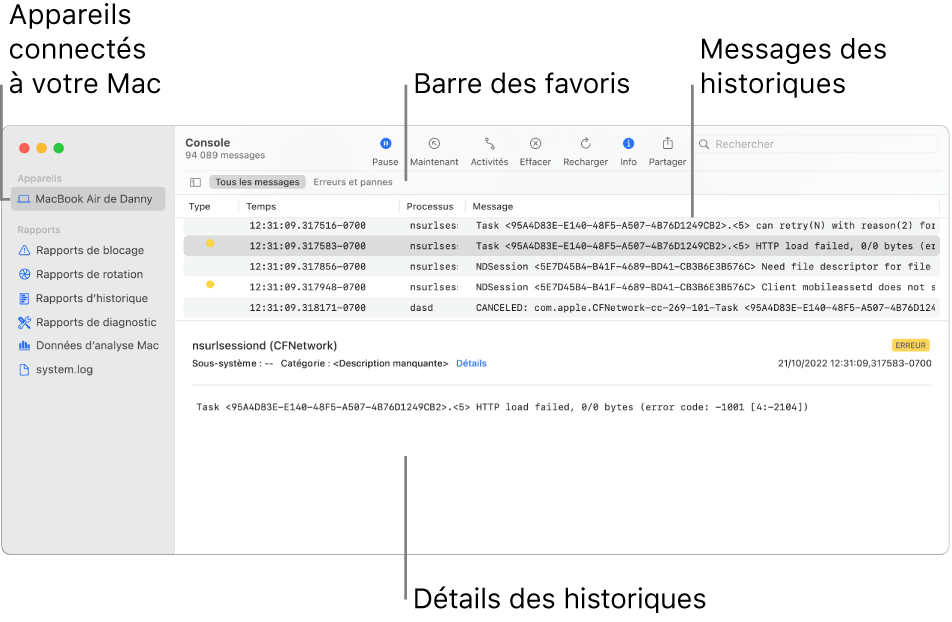 La fenêtre de Console affichant les appareils connectés à votre Mac sur la gauche, les messages d’historique sur la droite et les détails d’historique en bas, ainsi que la barre des favoris montrant vos recherches enregistrées.