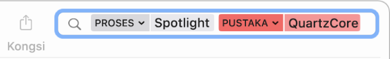 Medan carian dalam tetingkap Konsol dengan kriteria carian disetkan untuk mencari mesej daripada proses Spotlight, tetapi bukan daripada pustaka QuartzCore.