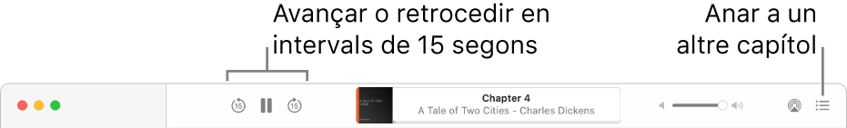 El reproductor d’audiollibres a l’app Llibres d’Apple que mostra, d’esquerra a dreta, el botó “Velocitat de reproducció”, els botons Avançar i Retrocedir, el títol i l’autor de l’audiollibre que s’està reproduint, el regulador de volum i el botó “Taula de contingut”.