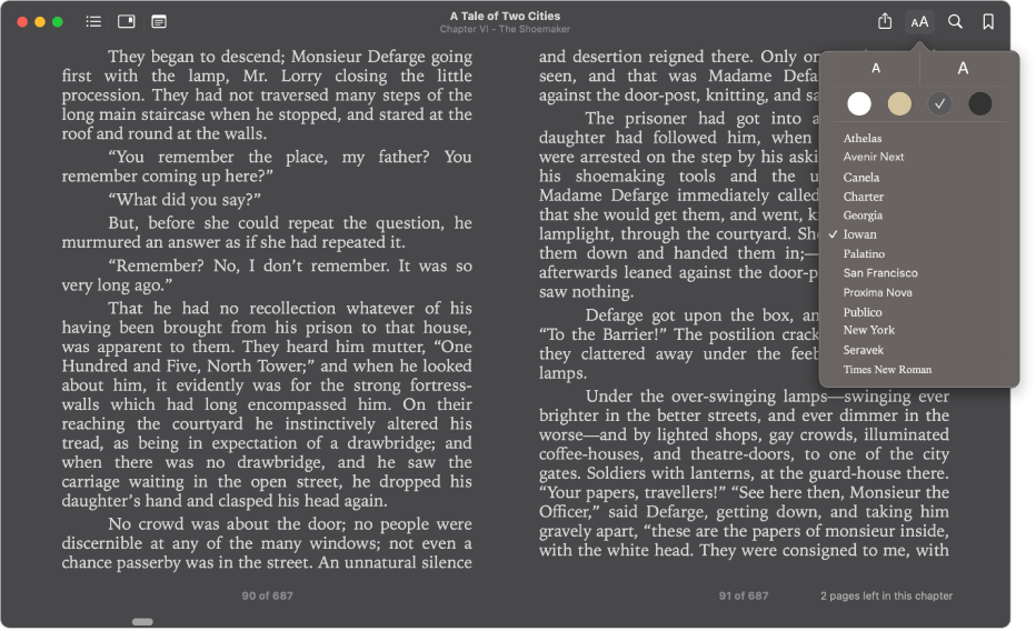 A book with a customized appearance and the Appearance menu showing the selected text size, background color, and font.