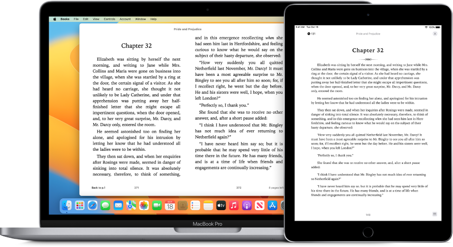 A book on the same page in the Books app on an iPad and a Mac.