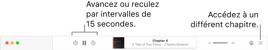 Le lecteur de livre audio dans Livres montrant, de gauche à droite, le bouton « Vitesse de lecture », les boutons Avancer et Revenir, le titre et l’auteur du livre audio en cours de lecture, le curseur Volume et le bouton « Table des matières ».