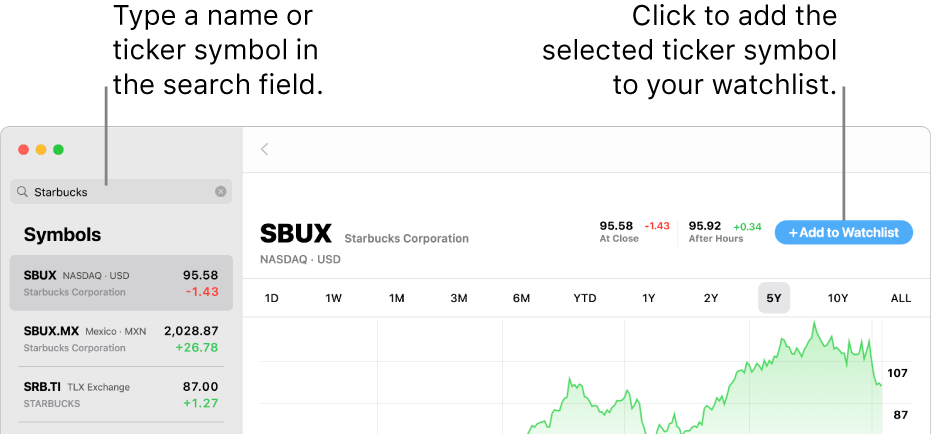 A Stocks window showing the search field, a list of search results and the Add to Watchlist button.