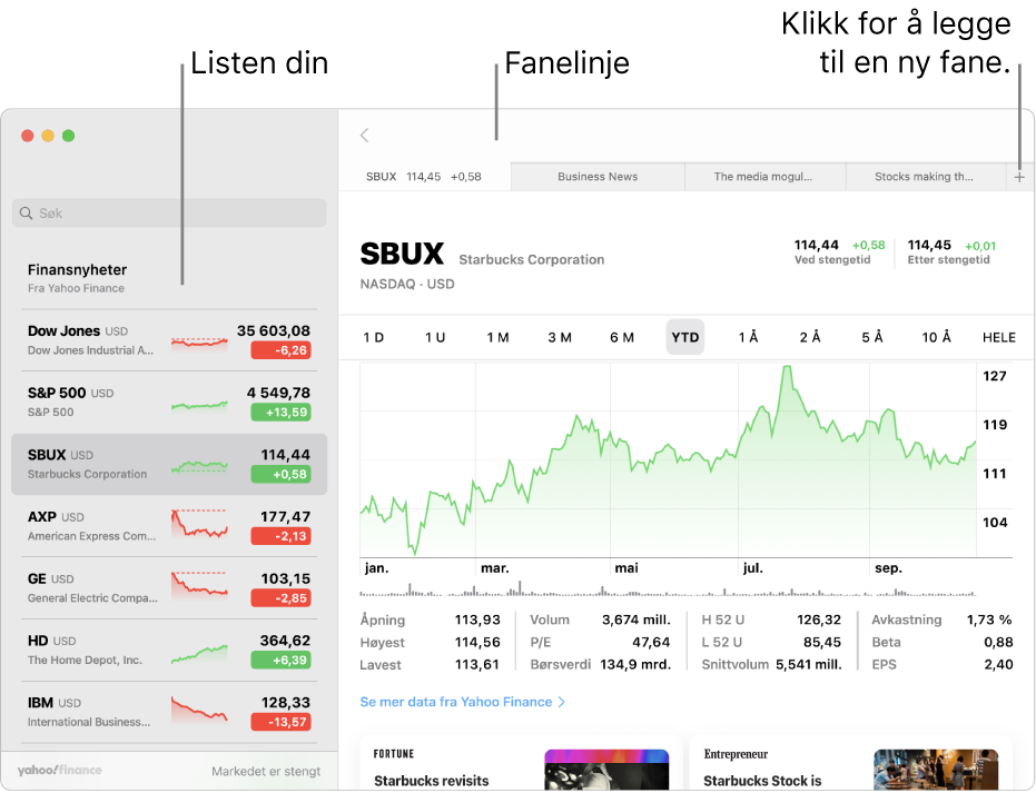 Et Aksjer-vindu viser listen din til venstre med ett aksjesymbol valgt, og tilsvarende diagram og nyhetsstrøm i høyre panel.