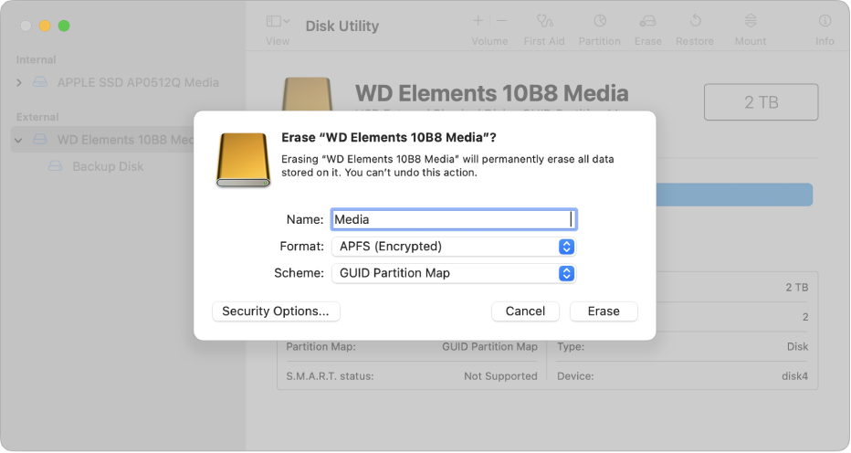 A Disk Utility window showing the erase dialog being set up to reformat an external drive with an APFS encrypted format.