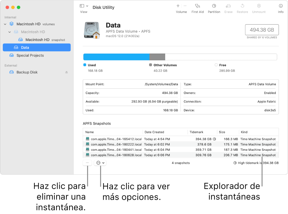 Una ventana de la Utilidad de Discos mostrando el explorador de instantáneas.