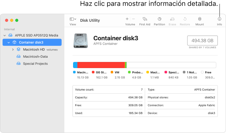 La ventana Utilidad de Discos mostrando un dispositivo de almacenamiento seleccionado en la barra lateral e información sobre el dispositivo a la derecha.