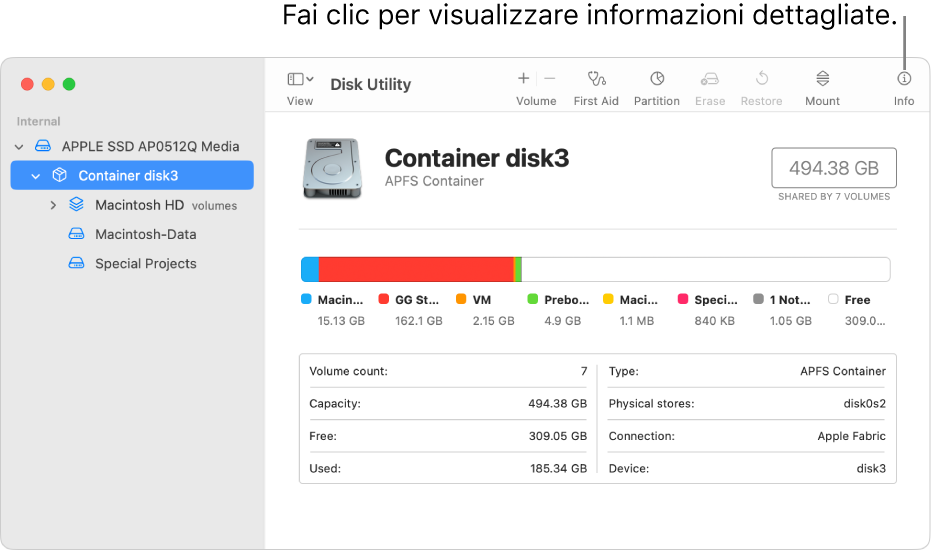 Finestra di Utility Disco con un dispositivo di archiviazione selezionato nella barra laterale e informazioni sul dispositivo visualizzate sulla destra.