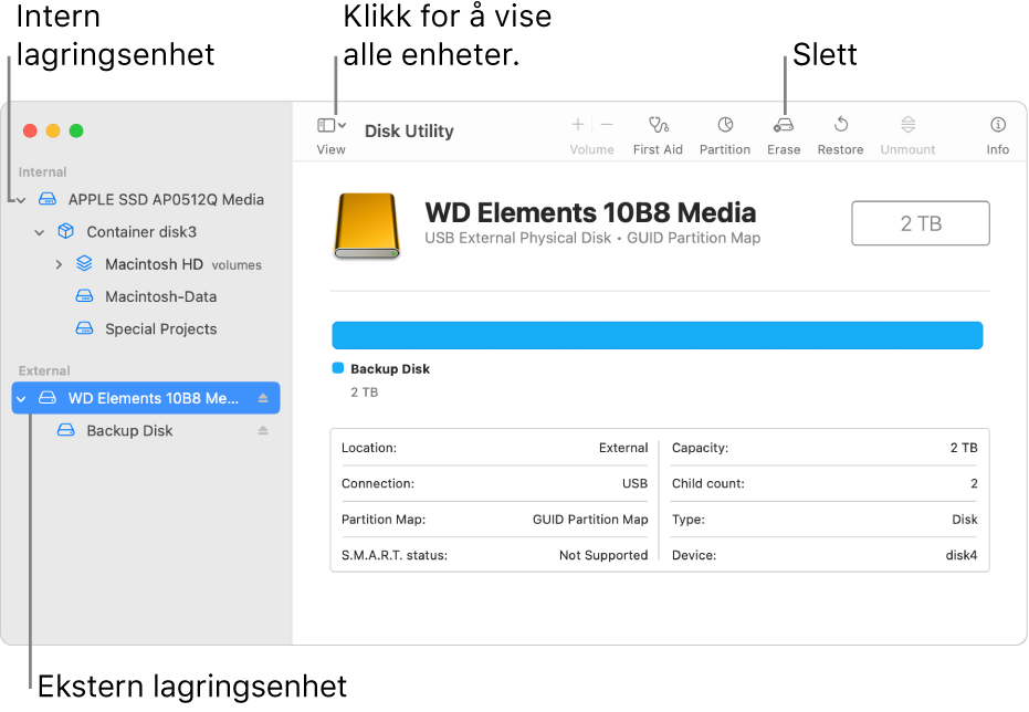 Et Diskverktøy-vindu som viser to lagringsenheter i Vis alle enheter-visningen.