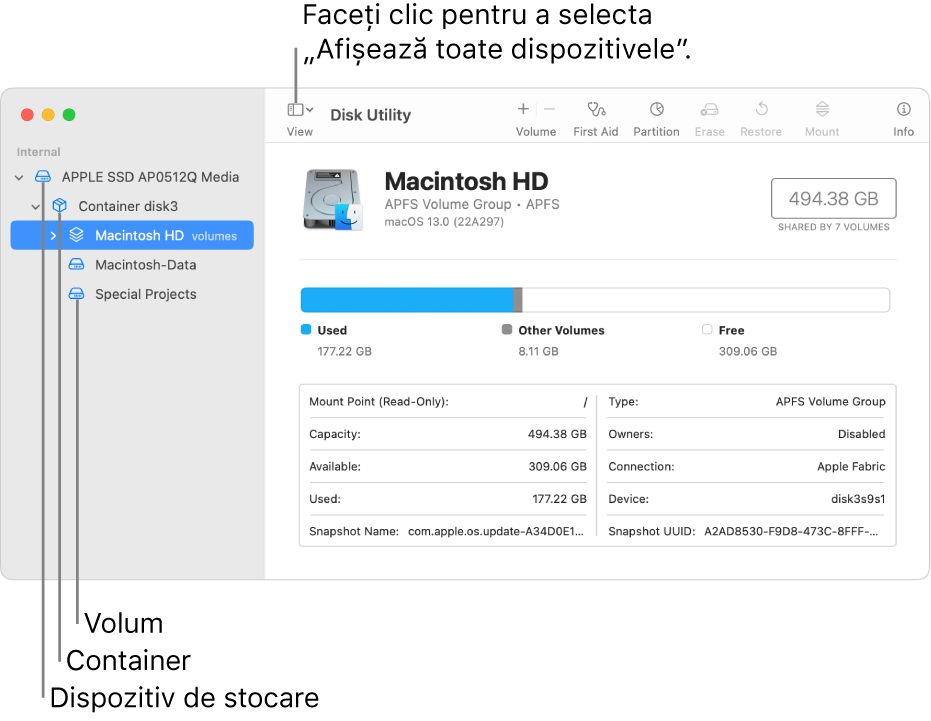 O fereastră Utilitar disc afișând trei volume, un container și un dispozitiv de stocare în vizualizarea Afișează toate dispozitivele.