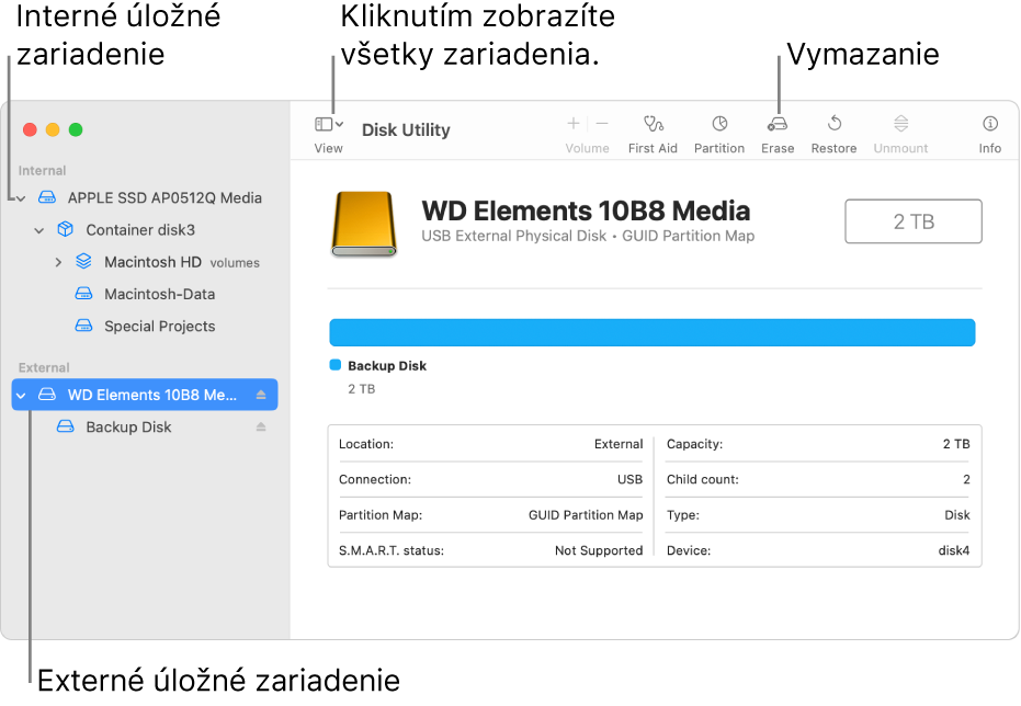 Okno Diskovej utility v zobrazení Zobraziť všetky zariadenia s dvomi úložnými zariadeniami.