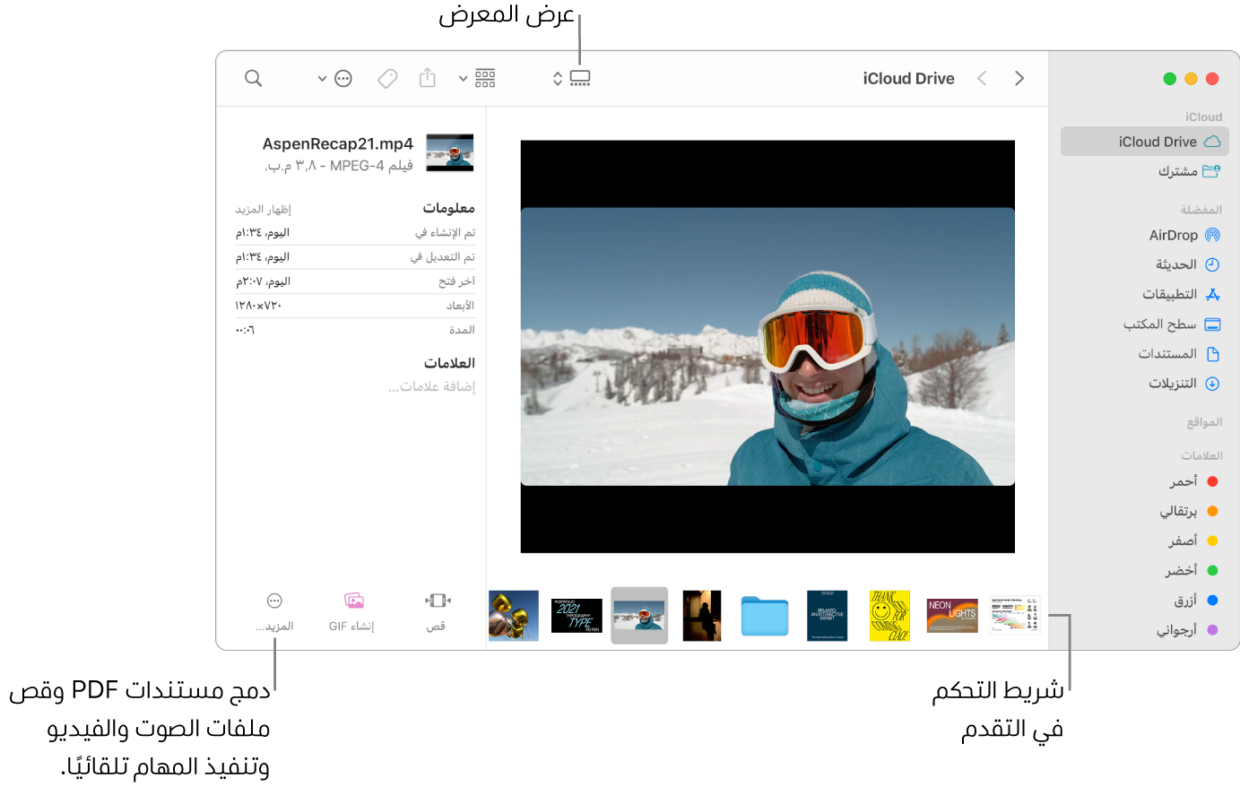 نافذة Finder مفتوحة في عرض المعرض وتظهر فيها صورة كبيرة وأسفلها صف من الصور الصغيرة، وهو شريط التحكم في التقدم. وتظهر على يسار شريط التحكم في التقدم عناصر تحكم للتدوير والتوصيف والمزيد.