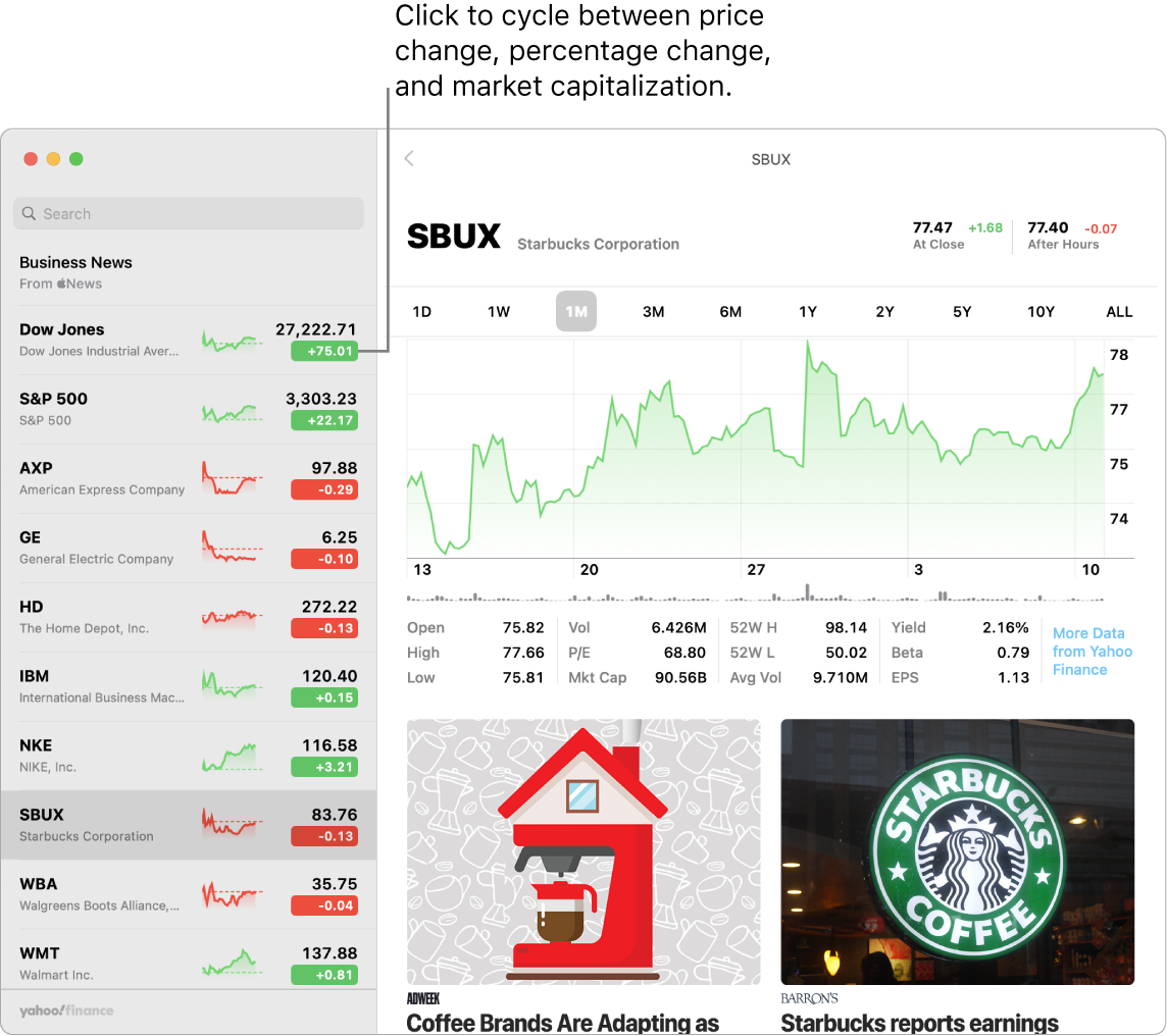 A Stocks screen showing information and stories about the selected stock, with the callout “Click to cycle between price change, percentage change, and market capitalization.”