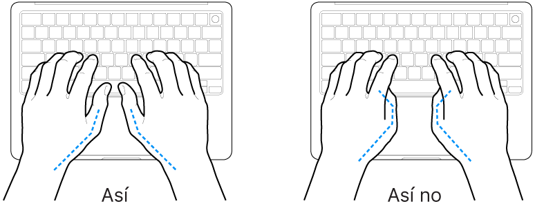 Manos posicionadas sobre un teclado, mostrando la alineación correcta e incorrecta de los pulgares.