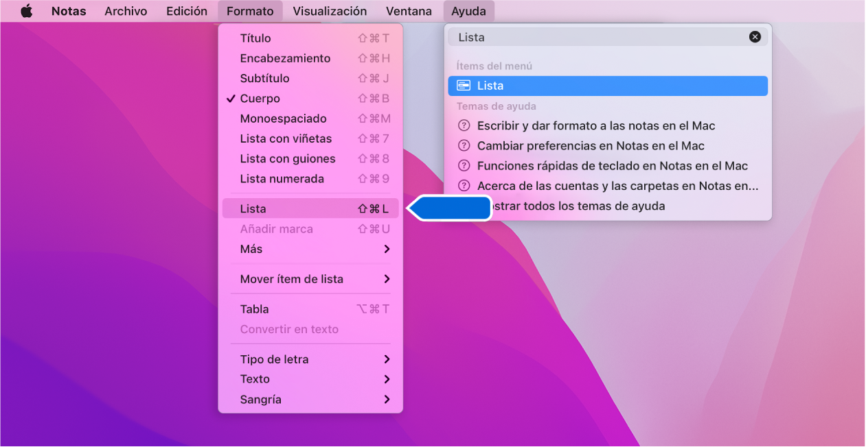 El menú de Ayuda que muestra una búsqueda de “lista” y el comando “Lista con viñetas” resaltado en la lista de resultados y en el menú Formato.