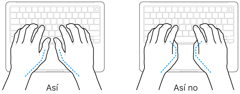 Manos colocadas sobre un teclado que muestran una posición correcta e incorrecta de los pulgares.