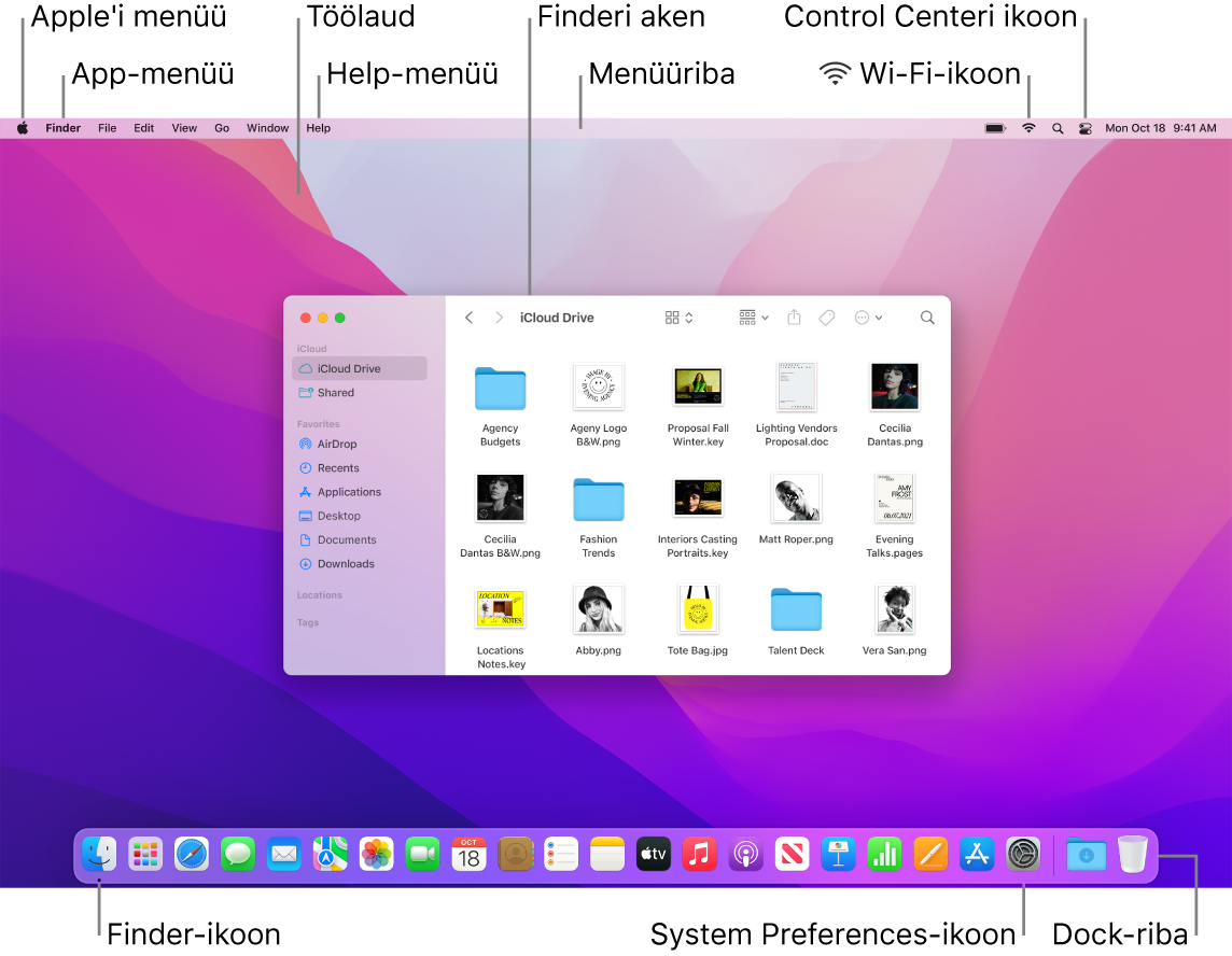 Maci ekraanil kuvatakse Apple-menüüd, App-menüüd, töölauda, Help-menüüd, Finderi akent, menüüriba, Wi-Fi-ikooni, Control Centeri ikooni, Finderi ikooni, System Preferencesi ikooni ja Dock-riba.