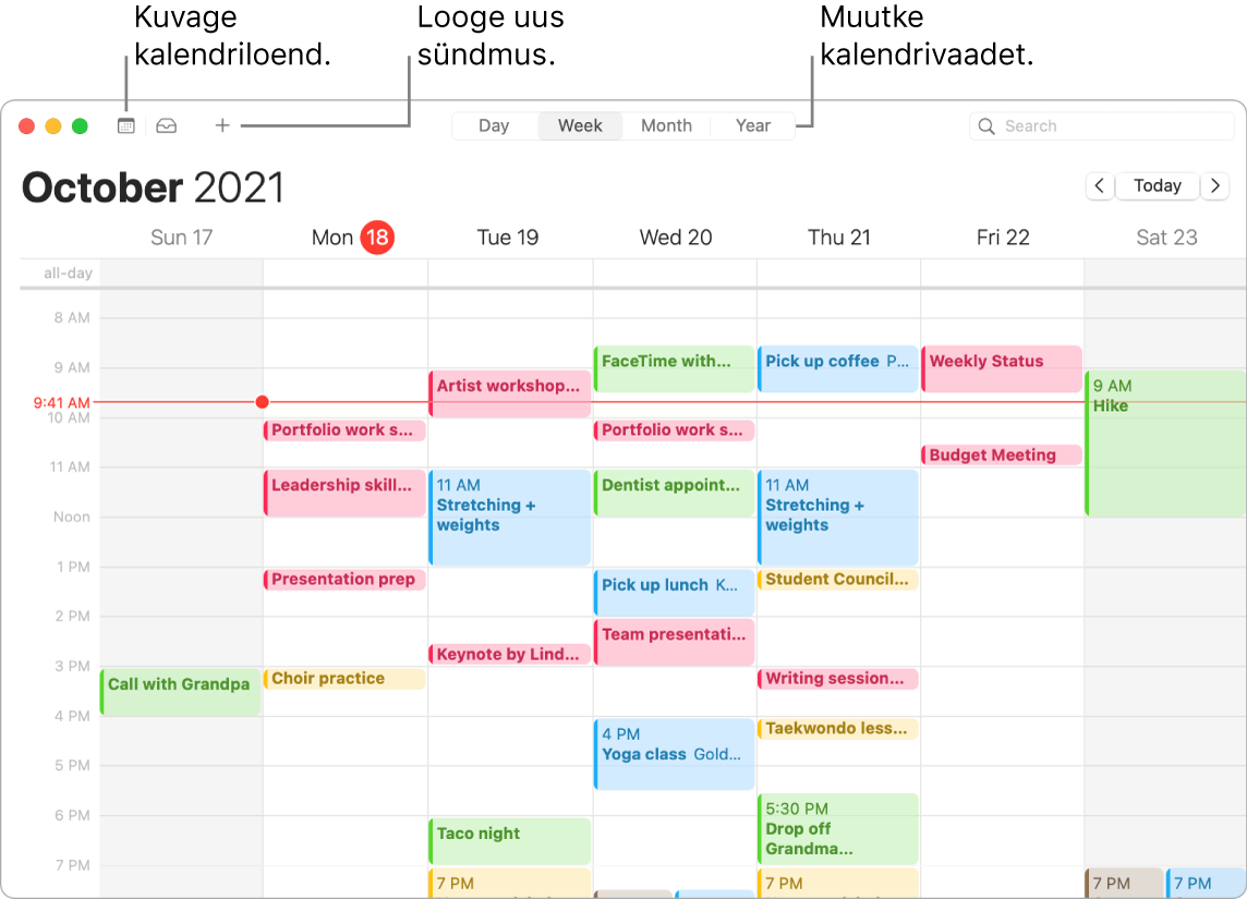 Rakenduse Calendar aknas kuvatakse kalendriloendit ning näidatakse kuidas luua sündmust ja valida vaade Day, Week, Month või Year.