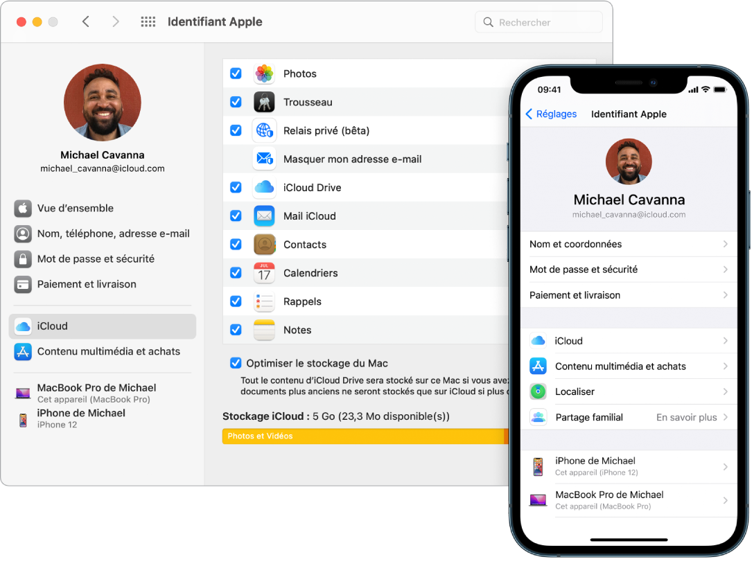 Les réglages iCloud d’un iPhone et la fenêtre iCloud sur un Mac.
