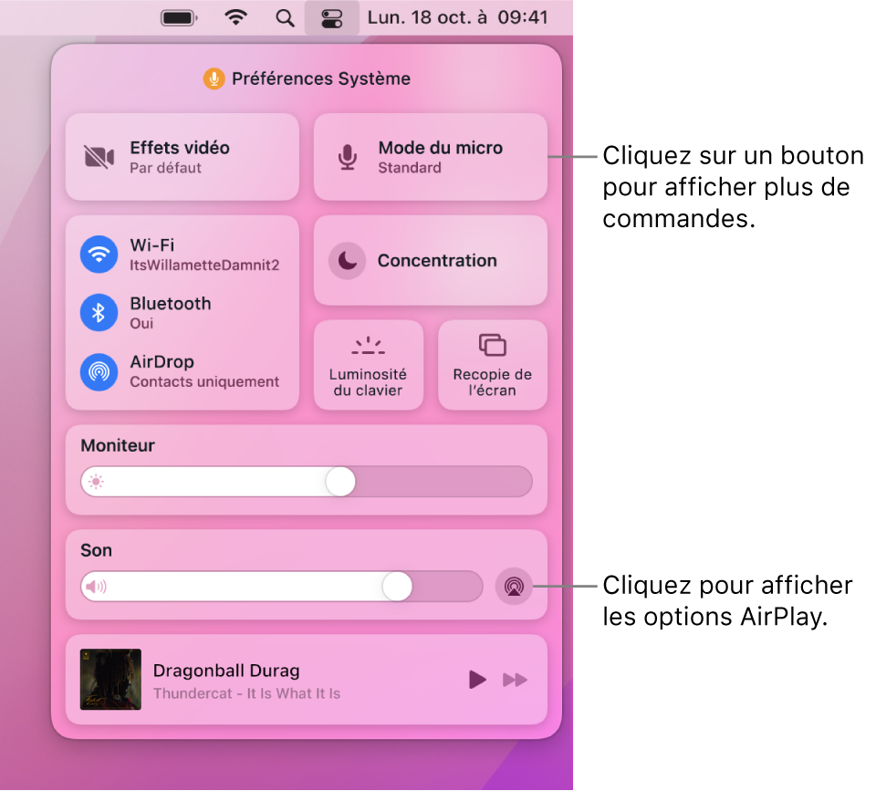 Vue rapprochée du centre de contrôle sur votre Mac avec une légende pour le bouton Moniteur.