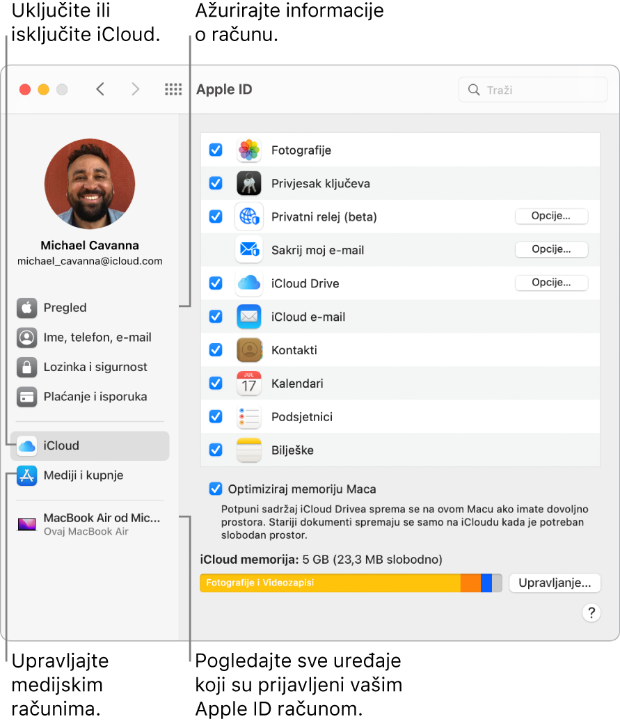 Prozor Apple ID-ja u Postavkama sustava. Kliknite stavku u rubnom stupcu za ažuriranje podataka o računu, uključite ili isključite iCloud, upravljajte medijskim računima i pregledajte sve uređaje na koje ste prijavljeni koristeći svoj Apple ID.