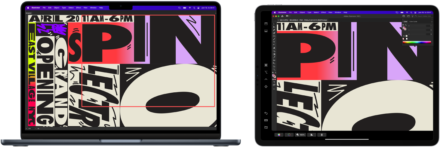 MacBook Air i iPad jedan do drugog. MacBook Air prikazuje crtež u prozoru navigatora Illustratora. iPad prikazuje isti crtež u prozoru dokumenta Illustratora, a ako njega nalaze se alatne trake.