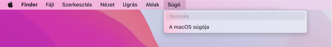 Részleges íróasztal megnyitott Súgó menüvel, amelyben a Keresés és A macOS súgója elem látszik.