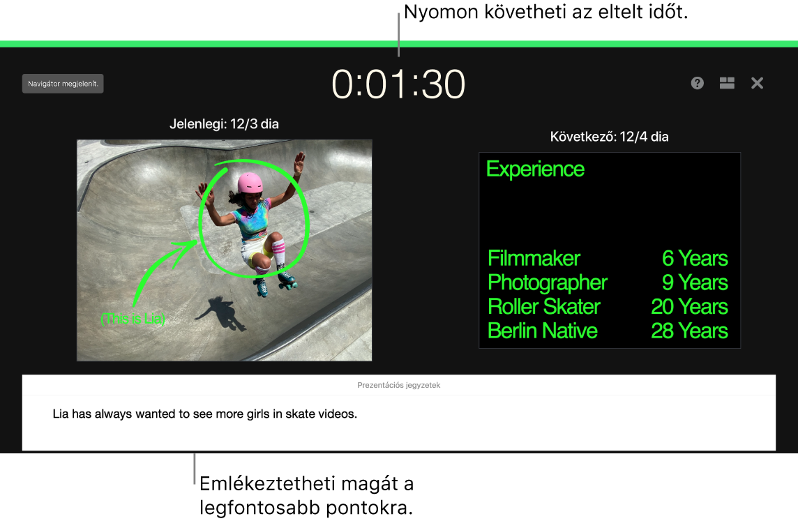 A Keynote ablaka a Diabemutató-próba funkcióval.