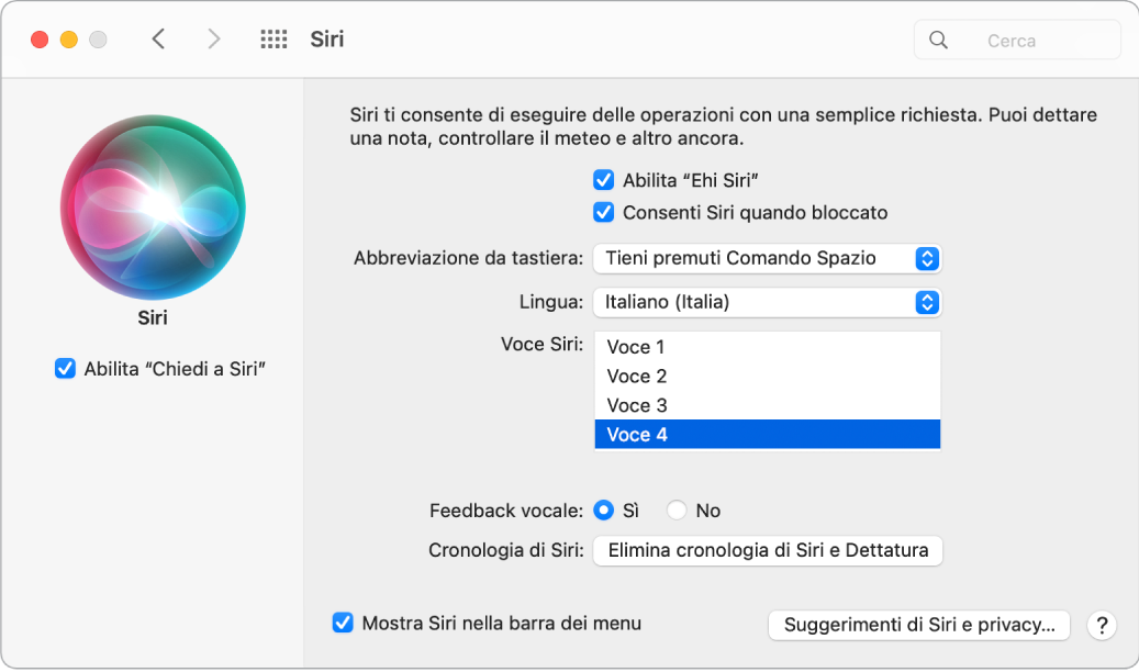 La finestra delle preferenze Siri con “Abilita Chiedi a Siri” selezionato sulla sinistra e varie opzioni per la personalizzazione di Siri sulla destra, tra cui “Ascolta Ehi Siri”.