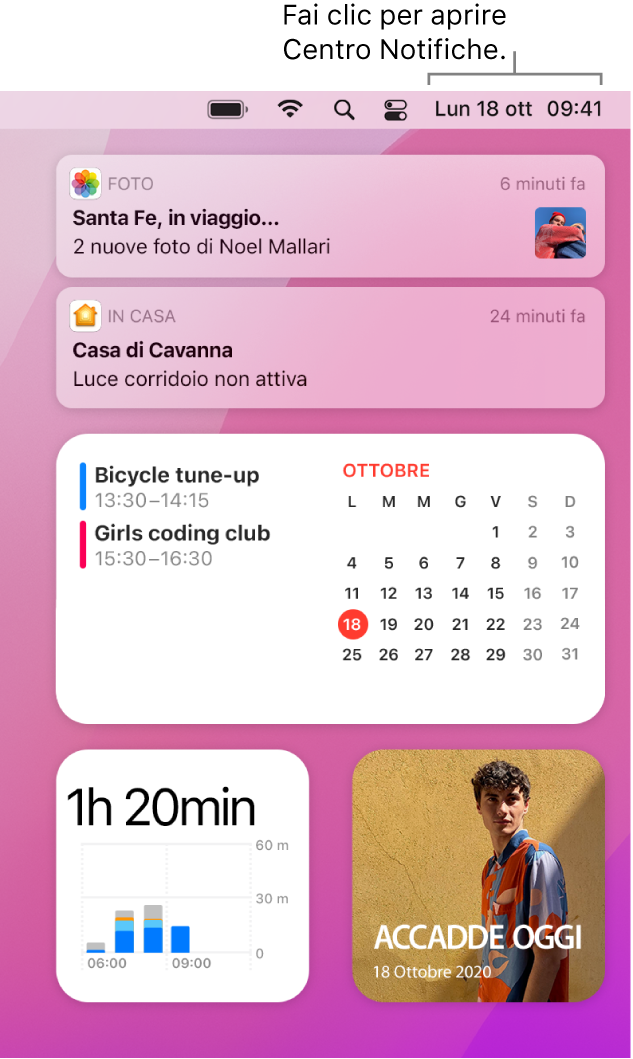 Centro Notifiche con notifiche e widget per Foto, Casa, Calendario e “Tempo di utilizzo”.