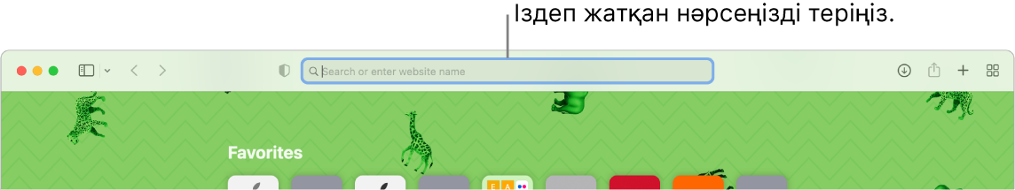 Терезенің жоғарғы жағындағы іздеу өрісіне тілше дерегі бар кесілген Safari терезесі.