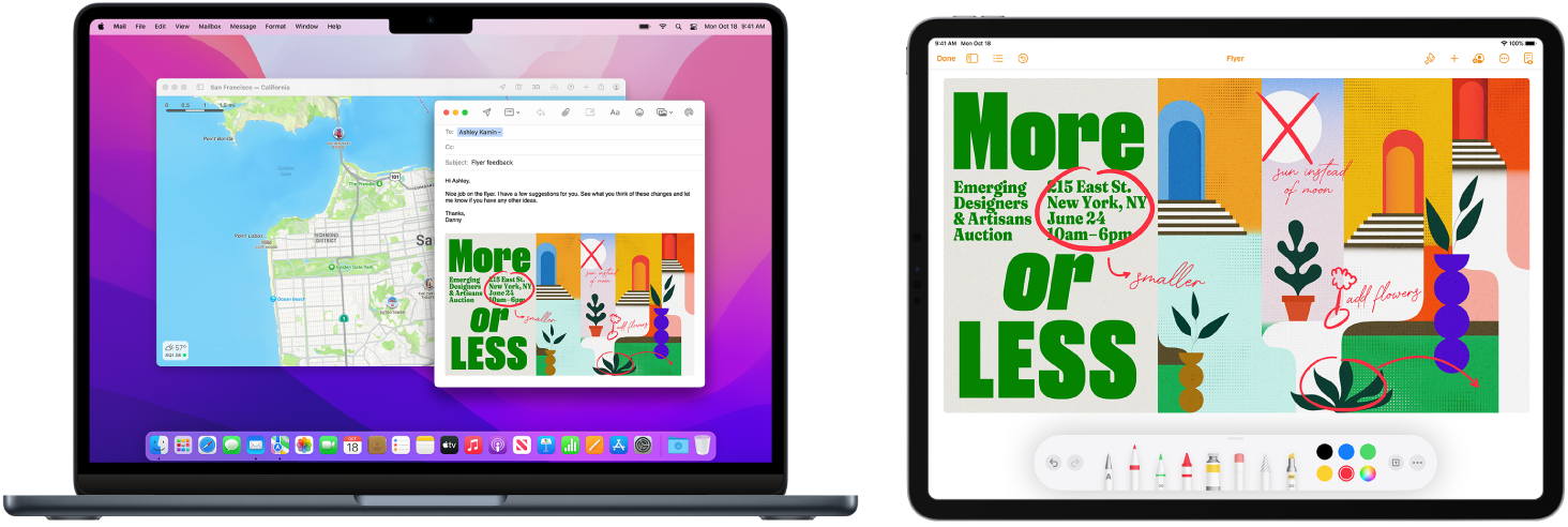 Blakus redzams MacBook Air dators un iPad ierīce. iPad ierīces ekrānā redzama skrejlapa ar piezīmēm. MacBook Air ekrānā ir redzams lietotnes Mail ziņojums ar skrejlapu ar piezīmēm no iPad ierīces kā pielikumu.
