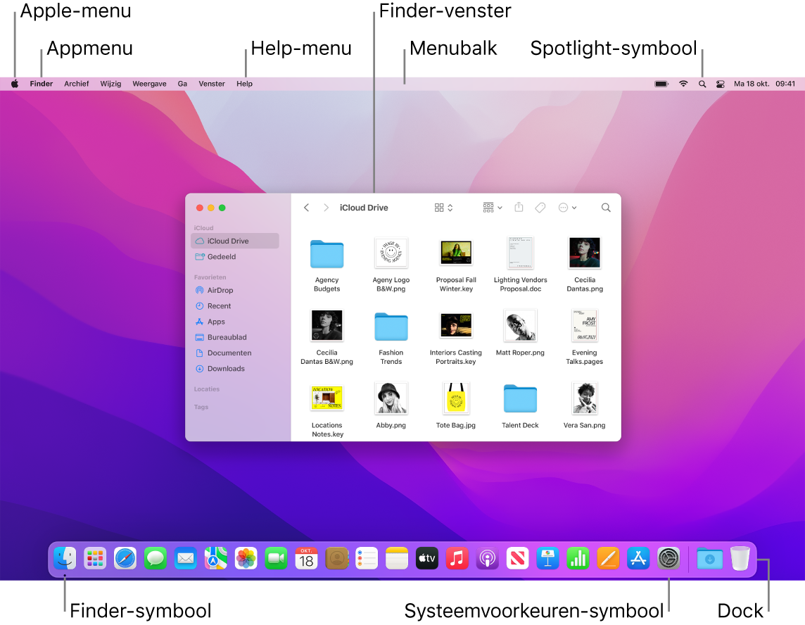 Een Mac-scherm met het Apple-menu, het appmenu, het Help-menu, een Finder-venster, de menubalk, het Spotlight-symbool, het Finder-symbool, het Systeemvoorkeuren-symbool en het Dock.