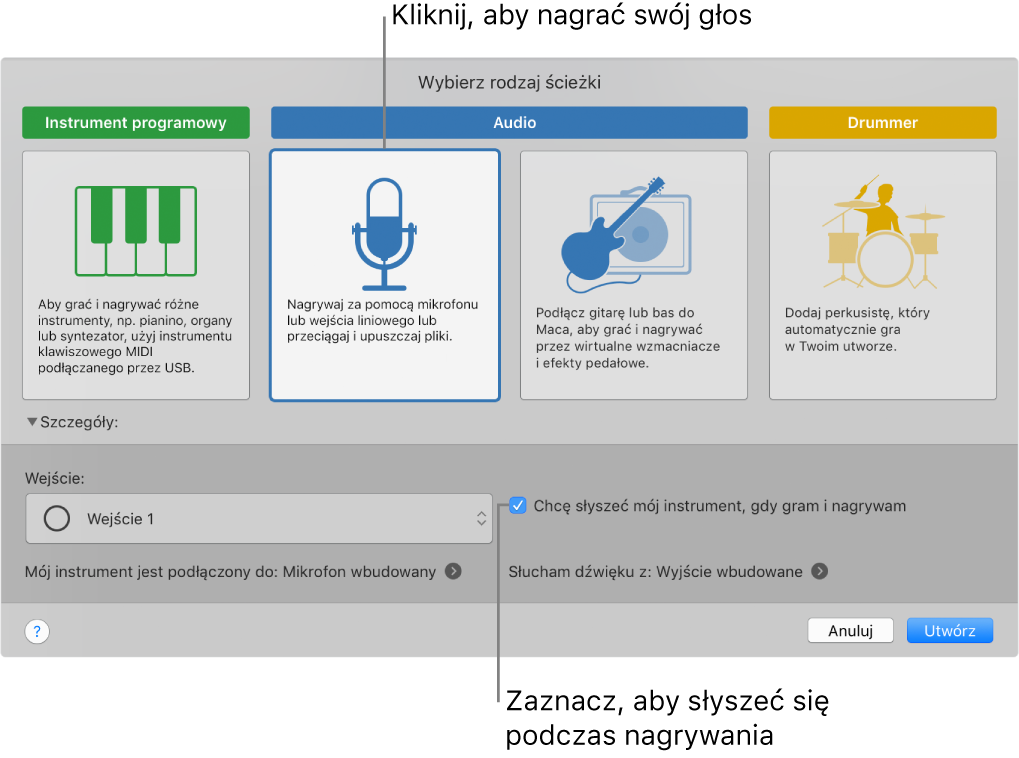 Panel instrumentów w aplikacji GarageBand z opisami opcji narywania głosu oraz opcji pozwalającej słyszeć siebie podczas nagrywania.