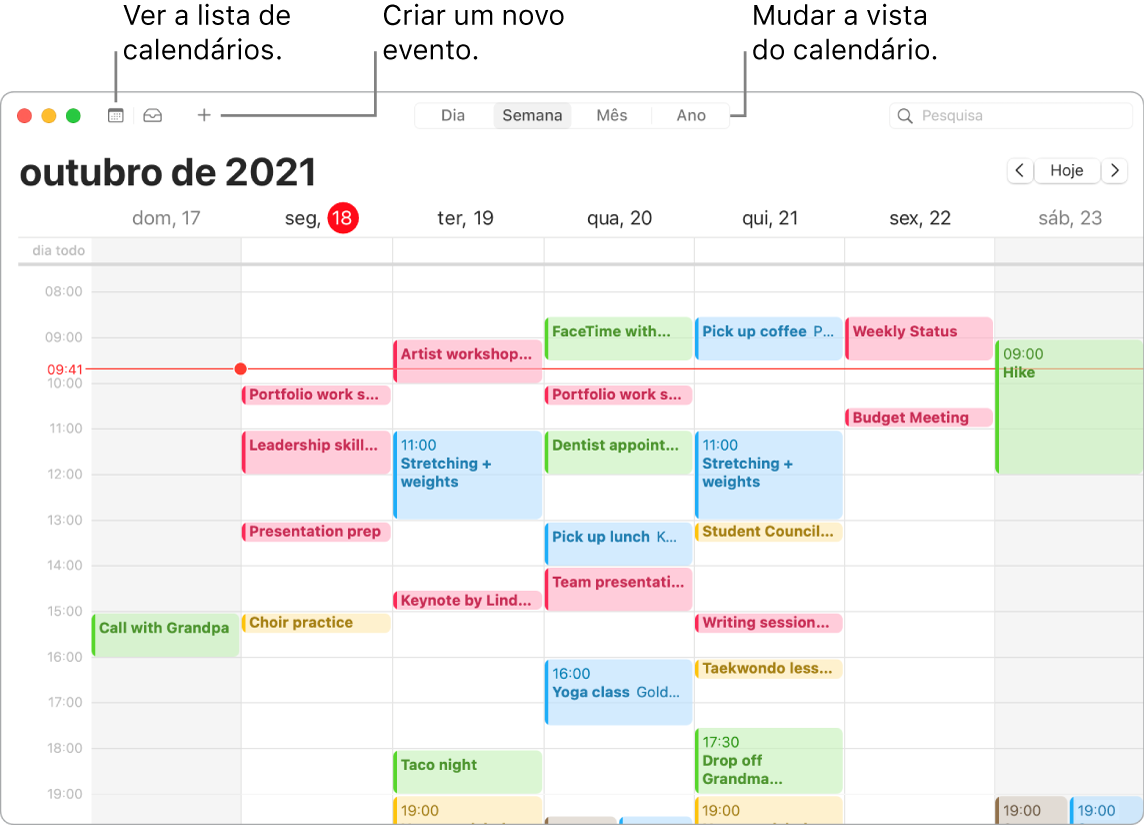 Uma janela do Calendário a mostrar a lista de calendários, como criar um evento e como escolher a vista diária, semanal, mensal ou anual.