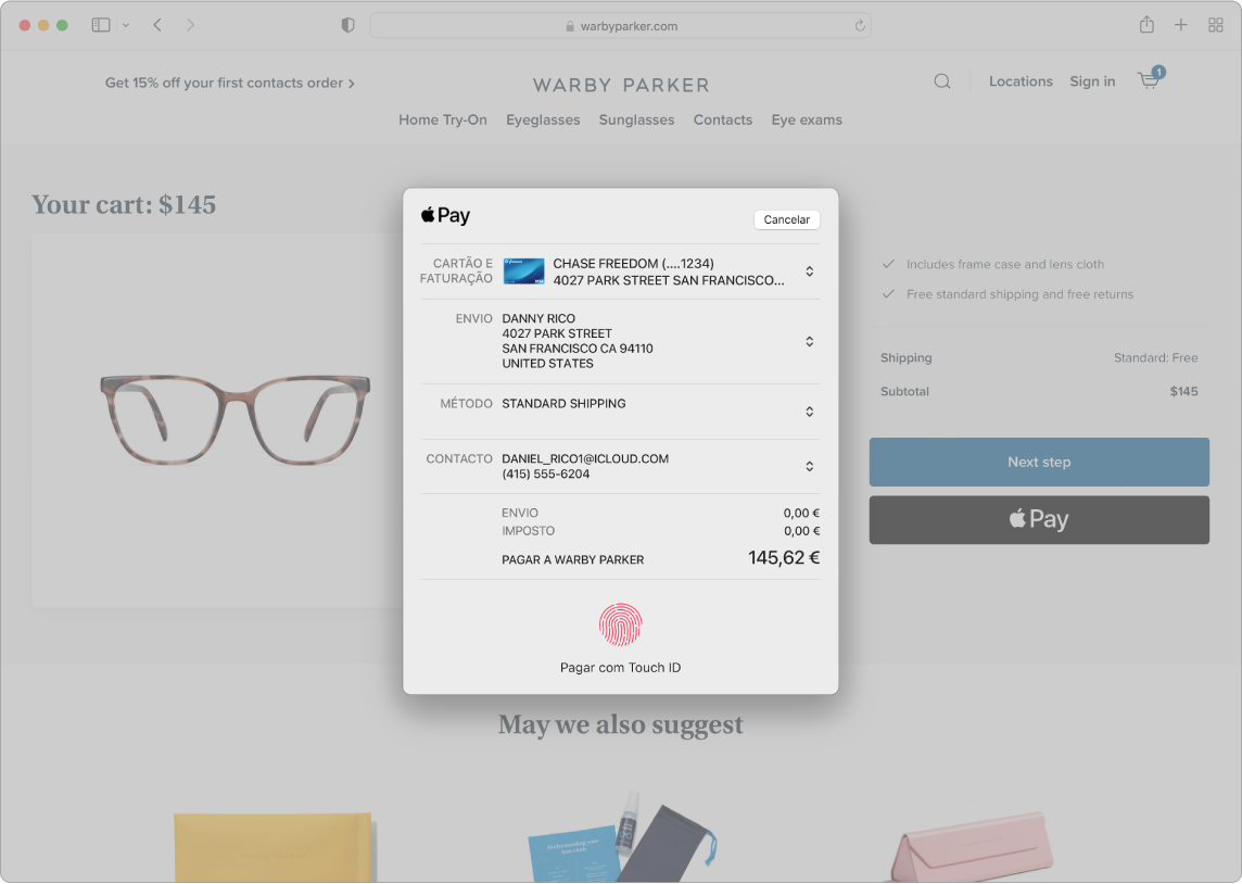 Um ecrã de um Mac a mostrar uma compra online a ser efetuada através da opção “Apple Pay” no Safari.
