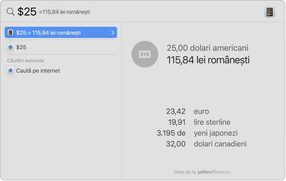 O captură de ecran afișând dolari convertiți în pesos, cu un prim rezultat care afișează conversia și alte câteva rezultate selectabile.