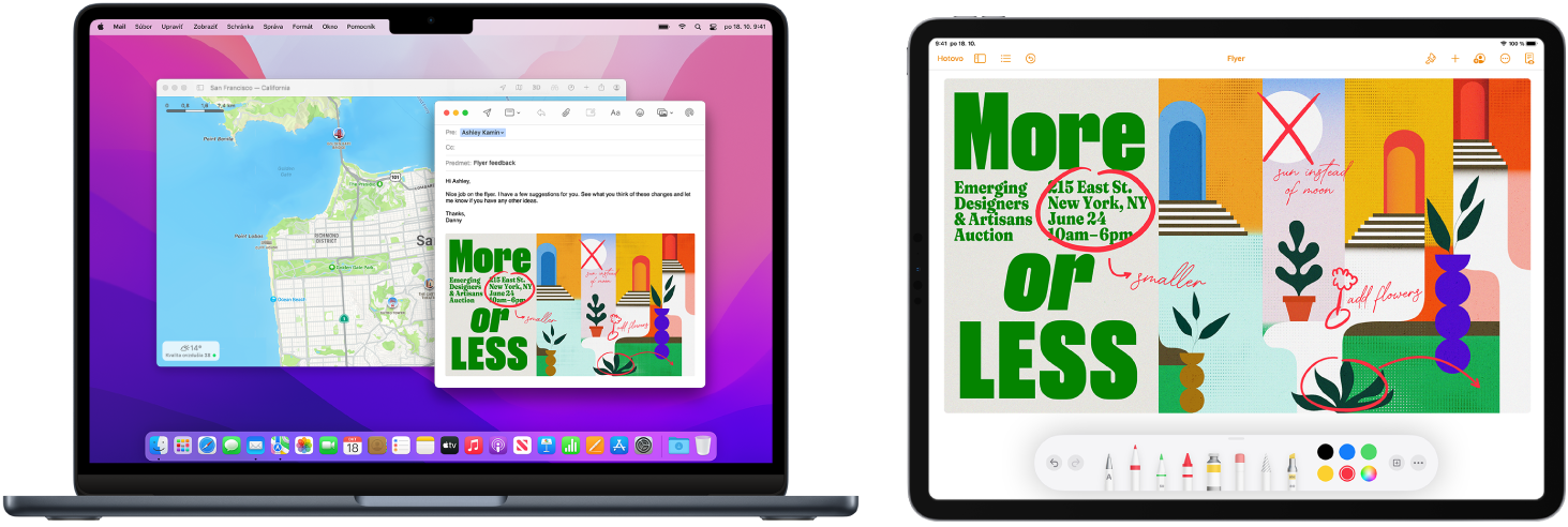 MacBook Air a iPad sú zobrazené vedľa seba. Na obrazovke iPadu je leták s poznámkami. Na obrazovke MacBooku Air je správa v apke Mail, ktorá má v prílohe leták s poznámkami z iPadu.