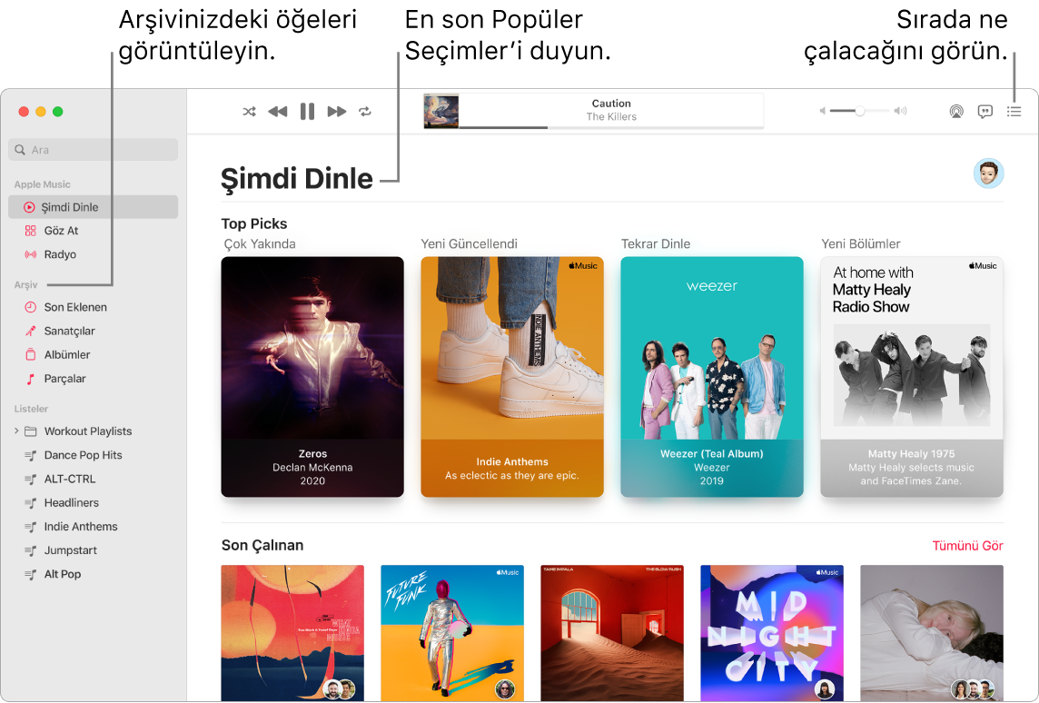 Arşivinizi görüntülemeyi, Apple Music’i dinlemeyi ve sıradaki parçaya bakmayı gösteren bir Müzik uygulaması penceresi.