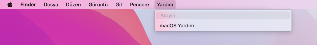 Yardım menüsü açık halde Ara ve macOS Yardım menü seçeneklerini gösteren kısmi masaüstü.