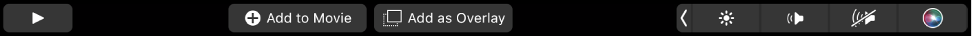 ‏Touch Bar الخاص بتطبيق iMovie يعرض أزرار تشغيل وإضافة إلى الفيلم وإضافة كتراكب.