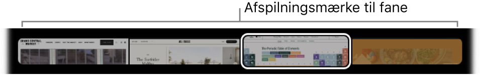 Afspilningsmærket til fane på Touch Bar til Safari. Afspilningsmærket viser et lille eksempel fra hver fane, som er åben.