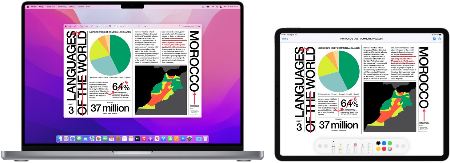 Ein MacBook Pro und ein iPad nebeneinander. Auf beiden Bildschirmen wird ein Artikel mit handschriftlichen, roten Markierungen wie durchgestrichenen Sätzen und hinzugefügten Wörtern angezeigt. Auf dem iPad-Bildschirm werden unten Steuerelemente für Markierungen angezeigt.