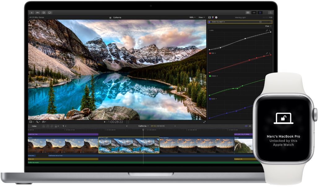 A MacBook Pro, next to an Apple Watch displaying a message that the Mac has been unlocked by the watch.