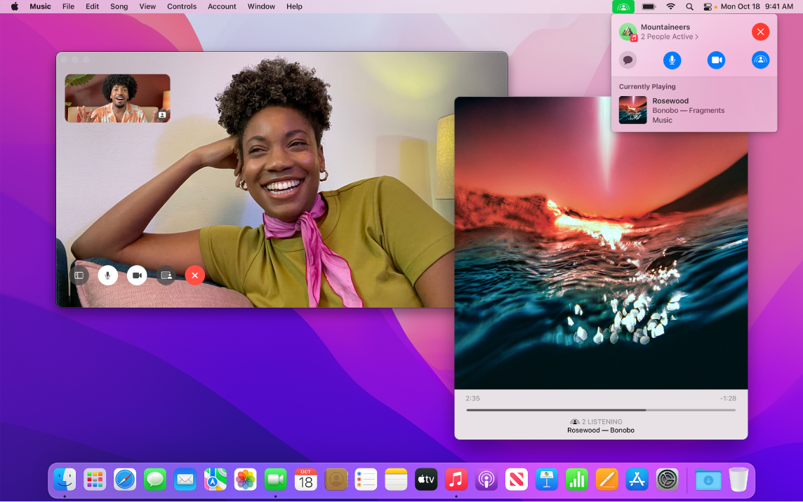 A shared listening experience with the listeners in the FaceTime window and a Music app window playing a song.