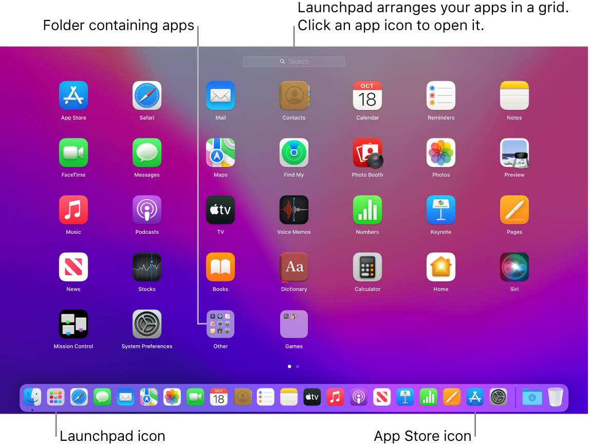 A Mac screen with Launchpad open, showing a folder of apps in Launchpad, and the Launchpad icon and App Store icons in the Dock.