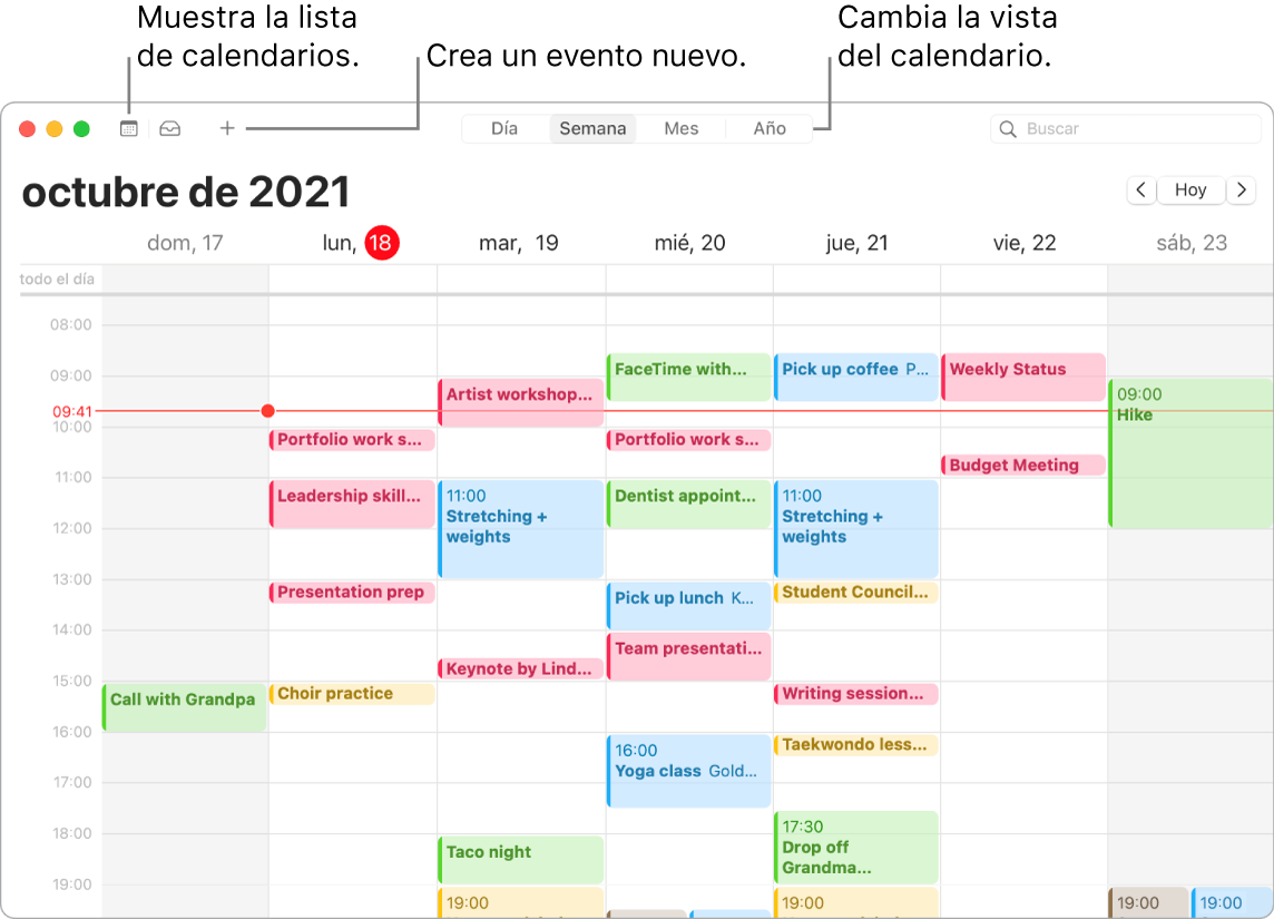 Ventana de Calendario mostrando la lista de calendarios, cómo crear un evento, y cómo seleccionar la vista por días, semanas, meses o años.